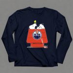 Snoopy On Doghouse With Edmonton Oilers Logo And Hockey Stick 6 Long Sleeves.jpg