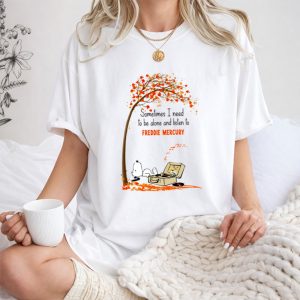 Snoopy Relaxing Under Autumn Tree Listening to Freddie Mercury Alone Vinyl Record Player 1 T Shirt.jpg