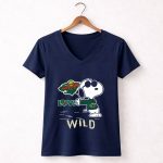 Snoopy Wearing Minnesota Wild Hockey Jersey with Love Wild Logo Elements 5 Womens V Neck 1.jpg