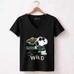 Snoopy Wearing Minnesota Wild Hockey Jersey with Love Wild Logo Elements 7 Womens V Neck.jpg