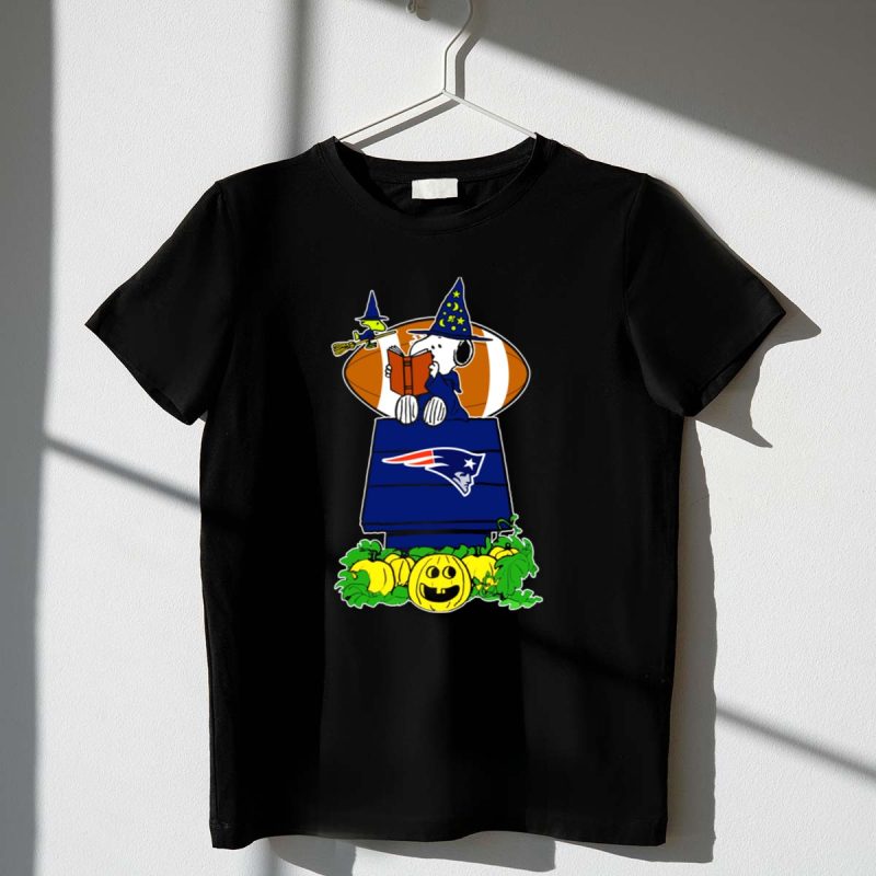 Snoopy Witch And Woodstock Halloween New England Patriots Logo Pumpkin Scene T Shirt T Shirt 1