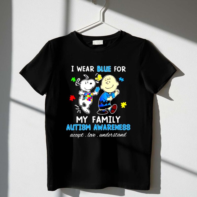 Snoopy Woodstock And Charlie Brown I Wear Blue For My Family Autism Awareness Shirt 1 T Shirt