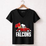 Snoopy Woodstock Driving Car with Atlanta Falcons Flag 7 Womens V Neck