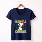 Snoopy Woodstock Merry Christmas Santa Hat Peanuts Holiday Trees 5 Womens V Neck 1.jpg
