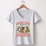 Snoopy and Charlie Brown Christmas Movie Junkie with TV and Gifts 7 Womens V Neck 1.jpg