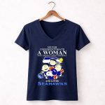 Snoopy and Friends never underestimate a woman who understands Seahawks 5 Womens V Neck 1.jpg