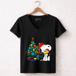 Snoopy and Woodstock Celebrating Christmas by the Tree 7 Womens V Neck 1.jpg