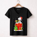 Snoopy and Woodstock Celebrating Christmas with Calgary Flames 7 Womens V Neck.jpg