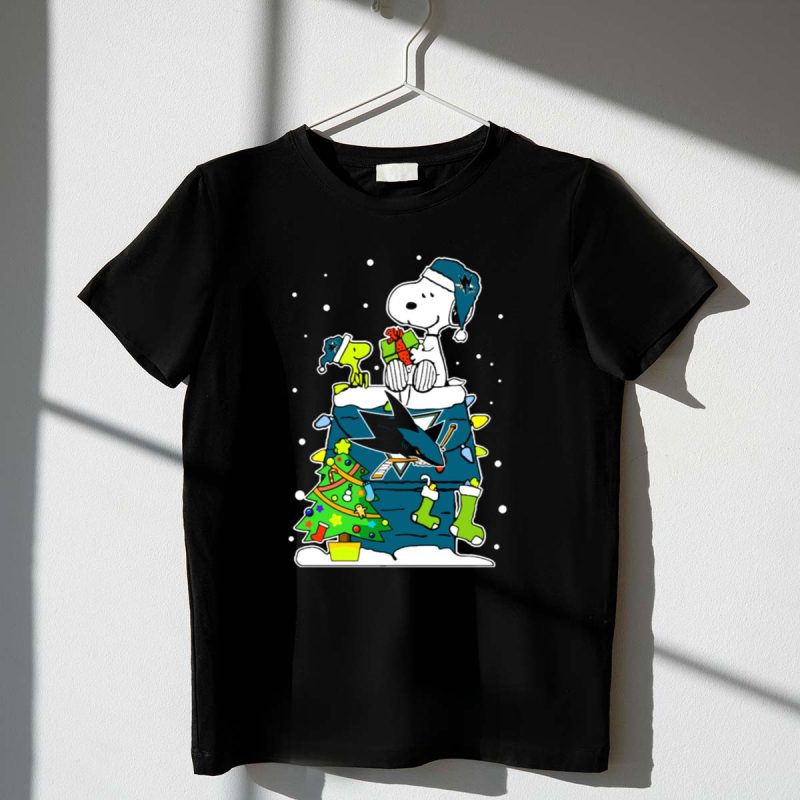 Snoopy And Woodstock Christmas With San Jose Sharks Hockey Spirit 1 T Shirt.jpg