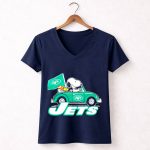 Snoopy and Woodstock Driving New York Jets Car with Flag 5 Womens V Neck