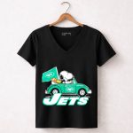 Snoopy and Woodstock Driving New York Jets Car with Flag 7 Womens V Neck