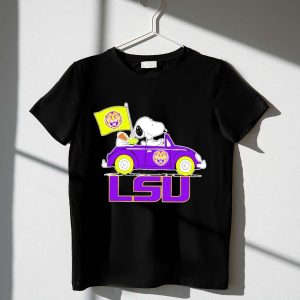 Snoopy and Woodstock Driving Purple LSU Car with Flag 1 T Shirt 1.jpg