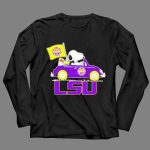 Snoopy and Woodstock Driving Purple LSU Car with Flag 4 Long Sleeves 1.jpg
