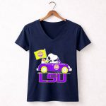 Snoopy and Woodstock Driving Purple LSU Car with Flag 5 Womens V Neck 1.jpg