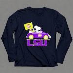 Snoopy and Woodstock Driving Purple LSU Car with Flag 6 Long Sleeves 1.jpg