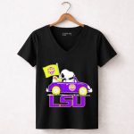 Snoopy and Woodstock Driving Purple LSU Car with Flag 7 Womens V Neck 1.jpg
