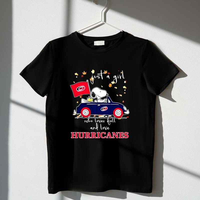 Snoopy And Woodstock Driving Car Just A Girl Who Lover Fall And Love Carolina Hurricanes 1 T Shirt.jpg