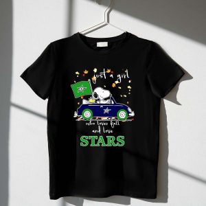 Snoopy and Woodstock Driving car just a girl who lover fall and love Dallas Stars 1 T Shirt.jpg