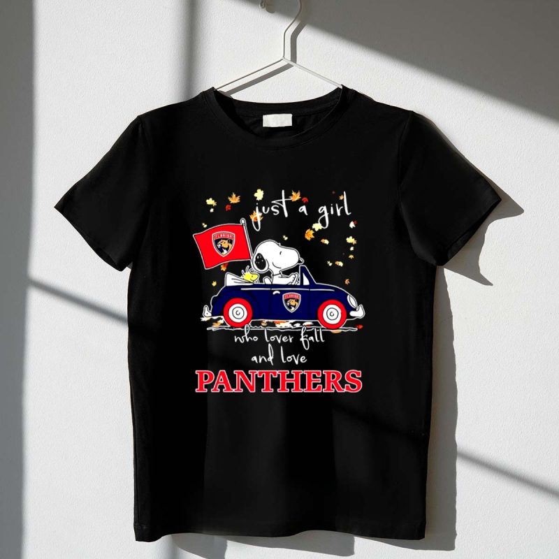 Snoopy And Woodstock Driving Car Just A Girl Who Lover Fall And Love Florida Panthers 1 T Shirt.jpg