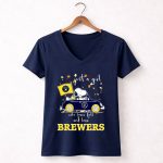 Snoopy and Woodstock Driving car just a girl who lover fall and love Milwaukee Brewers 5 Womens V Neck.jpg