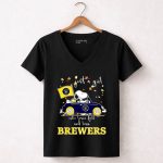 Snoopy and Woodstock Driving car just a girl who lover fall and love Milwaukee Brewers 7 Womens V Neck.jpg