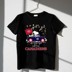 Snoopy and Woodstocks Driving Car Just A Girl Who Lover Fall And Love Montreal Canadiens Shirt