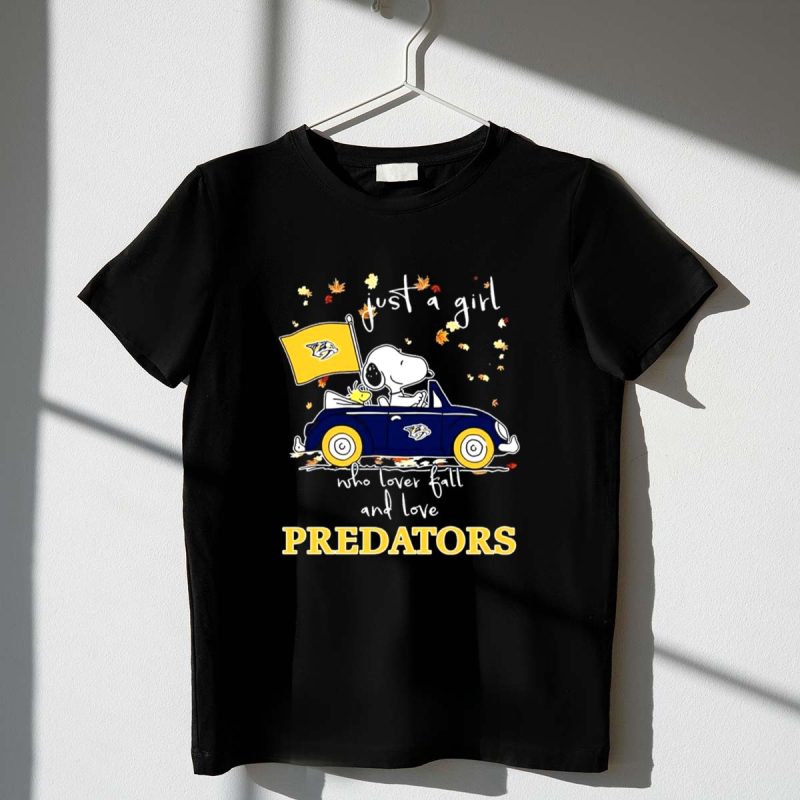 Snoopy And Woodstock Driving Car Just A Girl Who Lover Fall And Love Nashville Predators 1 T Shirt.jpg