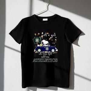 Snoopy and Woodstock Driving car just a girl who lover fall and love Oakland Athletics 1 T Shirt.jpg