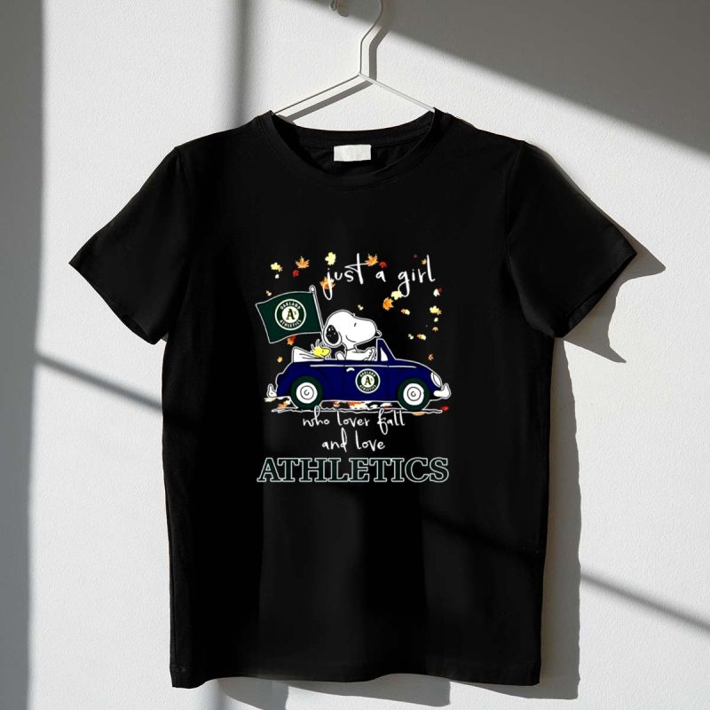 Snoopy And Woodstock Driving Car Just A Girl Who Lover Fall And Love Oakland Athletics 1 T Shirt.jpg