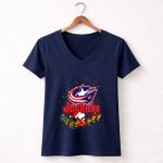 Snoopy and Woodstock Santa Christmas Columbus Blue Jackets 5 Womens V Neck.jpg