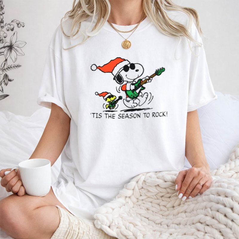Snoopy And Woodstock Santa Rocking Guitars Tis The Season To Rock 1 T Shirt 1.Jpg