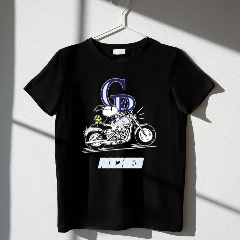Snoopy And Woodstock Driving Motorbike Colorado Rockies 1 T Shirt.jpg