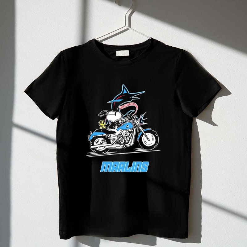 Snoopy And Woodstock Driving Motorbike Miami Marlins 1 T Shirt.jpg