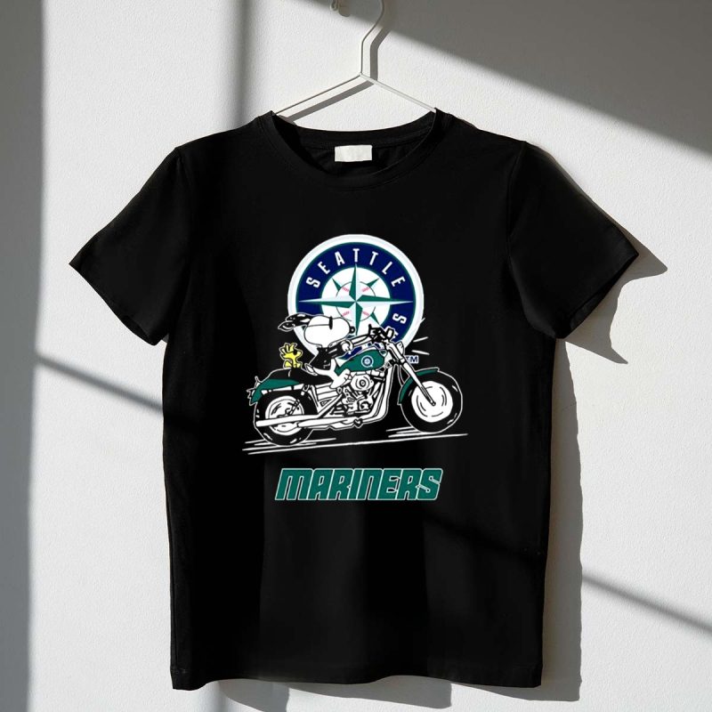 Snoopy And Woodstock Driving Motorbike Seattle Mariners 1 T Shirt.jpg