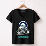 Snoopy and Woodstock driving motorbike Seattle Mariners 7 Womens V Neck.jpg