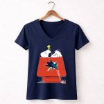Snoopy and Woodstock on Doghouse with San Jose Sharks Logo and Hockey Sticks 5 Womens V Neck.jpg
