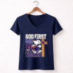 Snoopy walking God first family second then Auburn Tigers 5 Womens V Neck.jpg