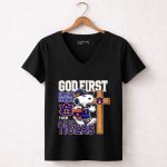 Snoopy walking God first family second then Auburn Tigers 7 Womens V Neck.jpg