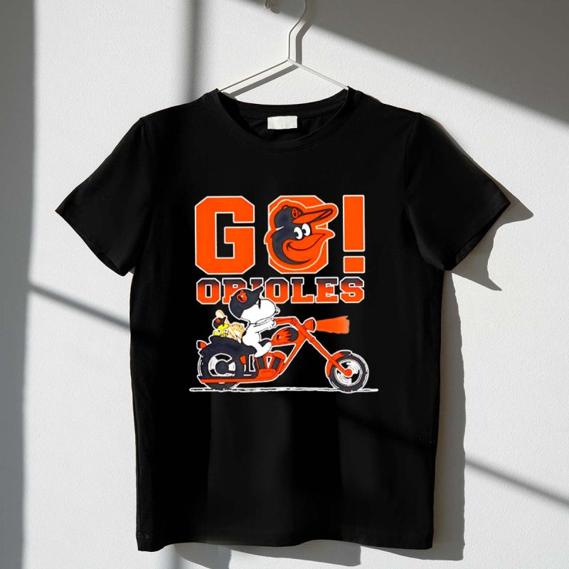 Snoopy X Woodstock Driving Motorcycle Lets Go Baltimore Orioles 1 T Shirt