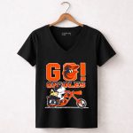 Snoopy x Woodstock driving motorcycle lets go Baltimore Orioles 7 Womens V Neck