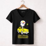 Steelers Snoopy Driving with Woodstock in Yellow Car 7 Womens V Neck