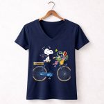 Texans Snoopy Bike Ride with Houston Logo and Flowers 5 Womens V Neck
