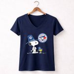 Toronto Blue Jays Snoopy Woodstock Baseball Duo with Team 5 Womens V Neck.jpg