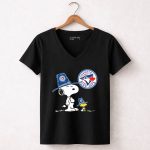 Toronto Blue Jays Snoopy Woodstock Baseball Duo with Team 7 Womens V Neck.jpg