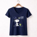 Utah Jazz Snoopy and Woodstock in Oversized Hats 5 Womens V Neck