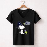 Utah Jazz Snoopy and Woodstock in Oversized Hats 6 Womens V Neck